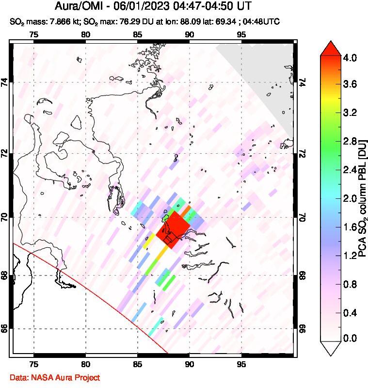A sulfur dioxide image over Norilsk, Russian Federation on Jun 01, 2023.