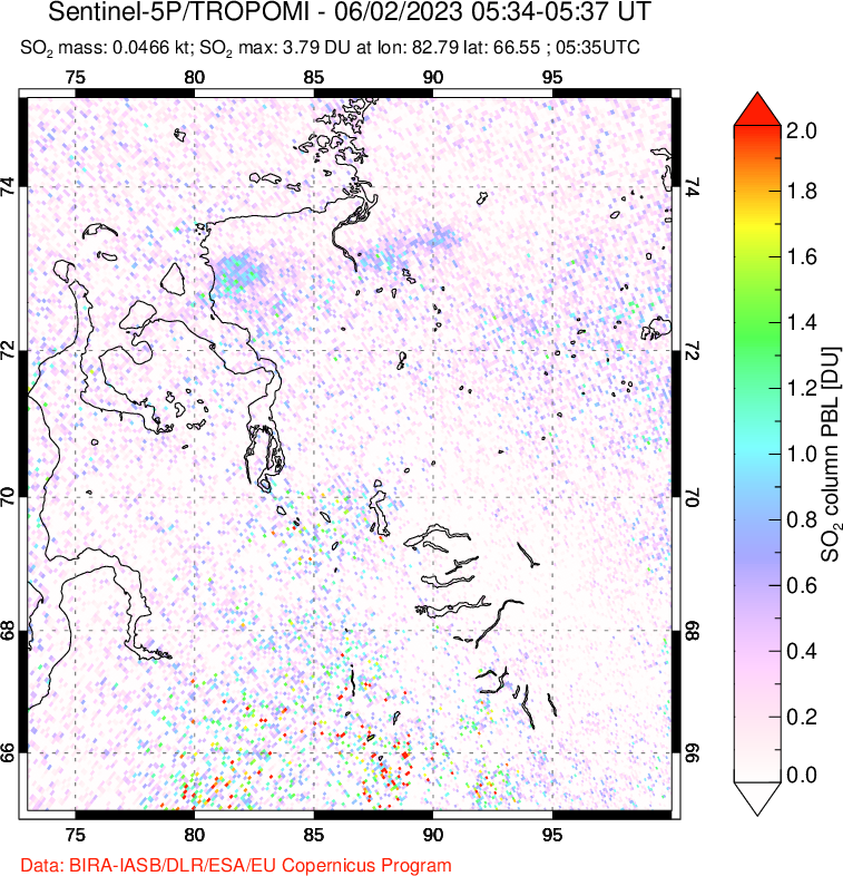 A sulfur dioxide image over Norilsk, Russian Federation on Jun 02, 2023.