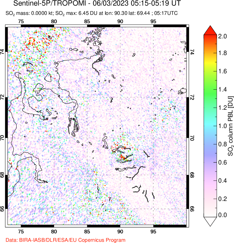 A sulfur dioxide image over Norilsk, Russian Federation on Jun 03, 2023.