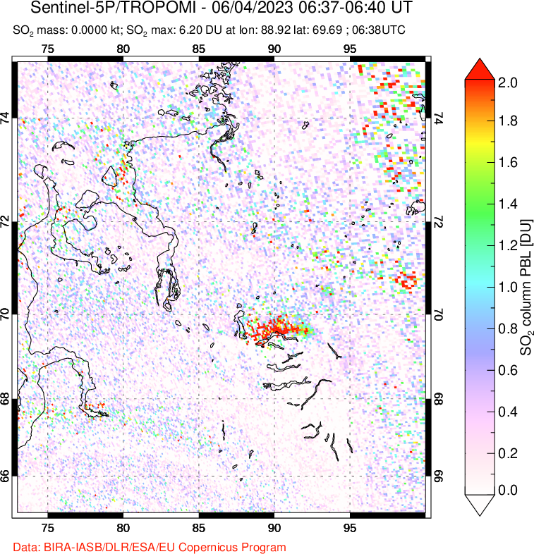 A sulfur dioxide image over Norilsk, Russian Federation on Jun 04, 2023.