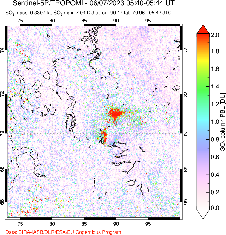 A sulfur dioxide image over Norilsk, Russian Federation on Jun 07, 2023.