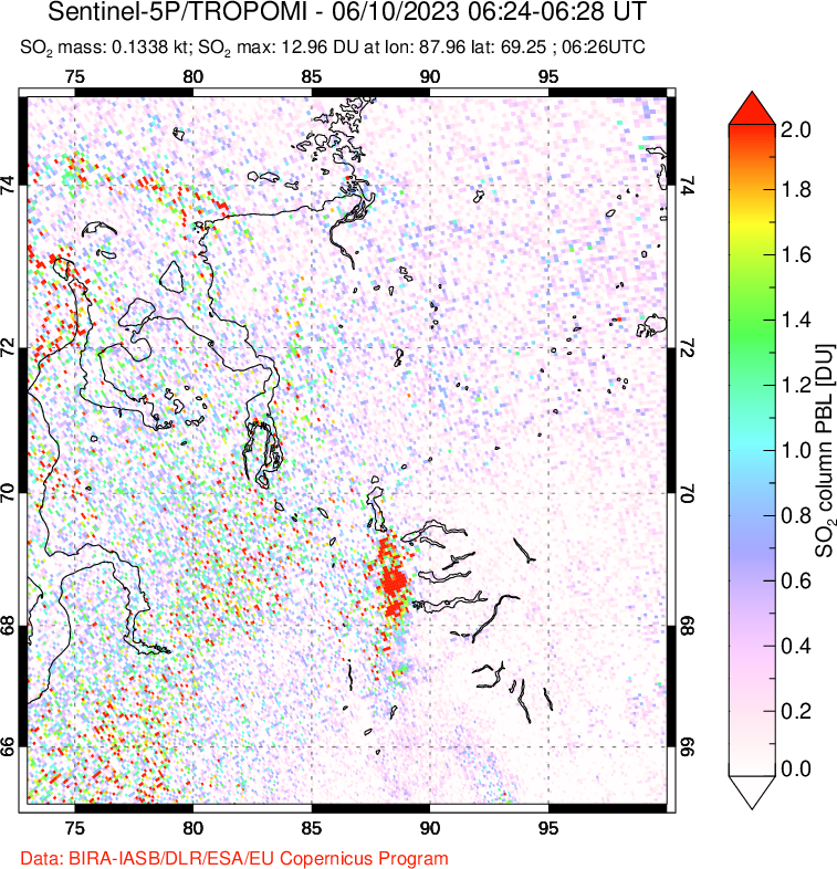 A sulfur dioxide image over Norilsk, Russian Federation on Jun 10, 2023.