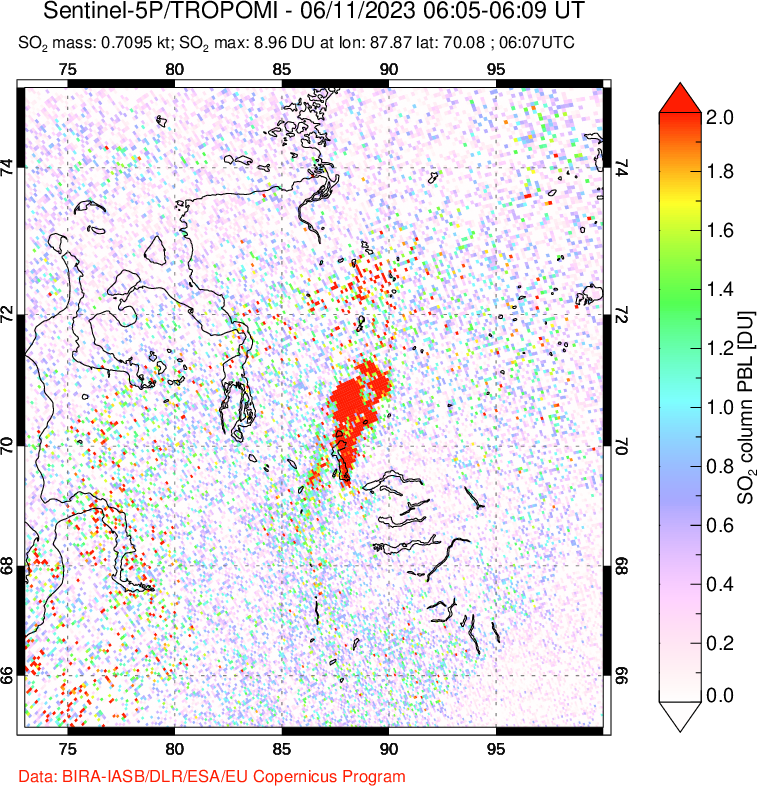 A sulfur dioxide image over Norilsk, Russian Federation on Jun 11, 2023.