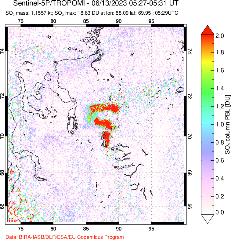A sulfur dioxide image over Norilsk, Russian Federation on Jun 13, 2023.