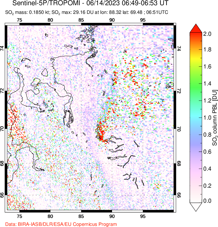 A sulfur dioxide image over Norilsk, Russian Federation on Jun 14, 2023.