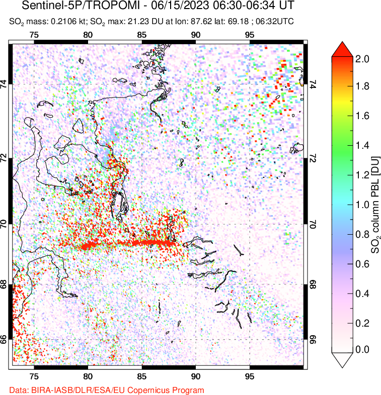 A sulfur dioxide image over Norilsk, Russian Federation on Jun 15, 2023.
