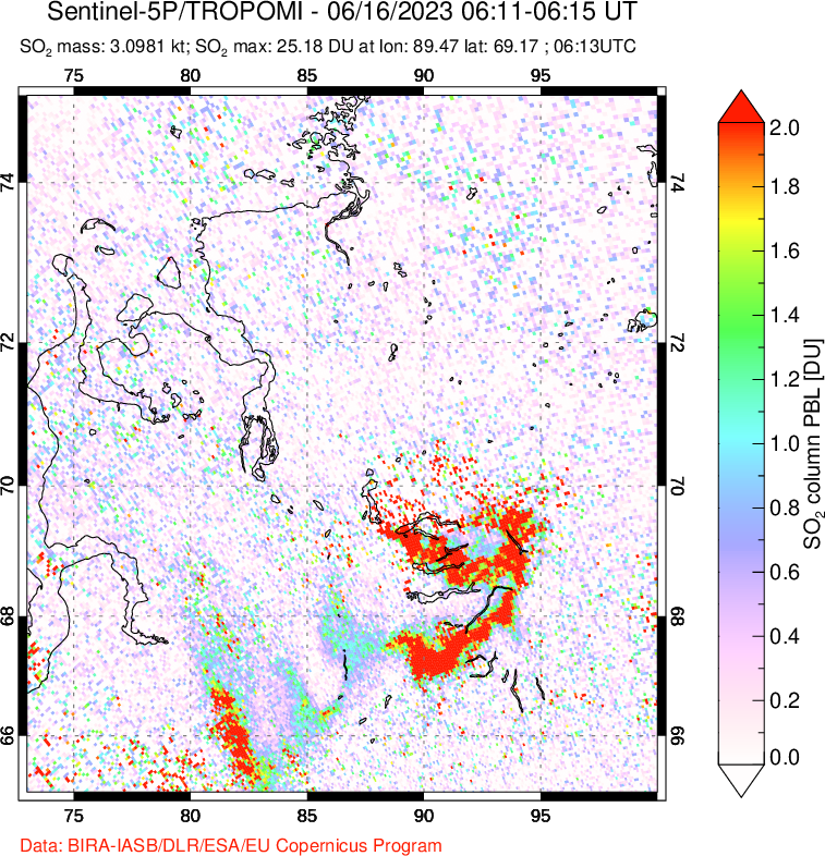 A sulfur dioxide image over Norilsk, Russian Federation on Jun 16, 2023.
