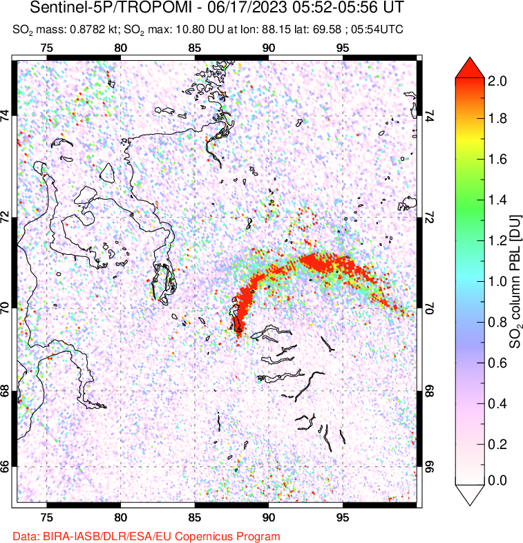 A sulfur dioxide image over Norilsk, Russian Federation on Jun 17, 2023.