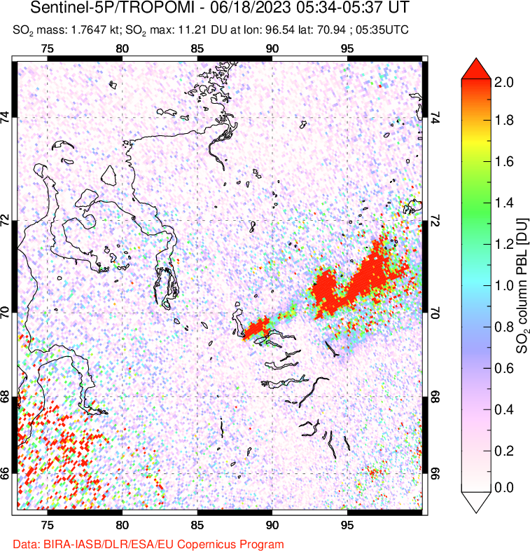 A sulfur dioxide image over Norilsk, Russian Federation on Jun 18, 2023.