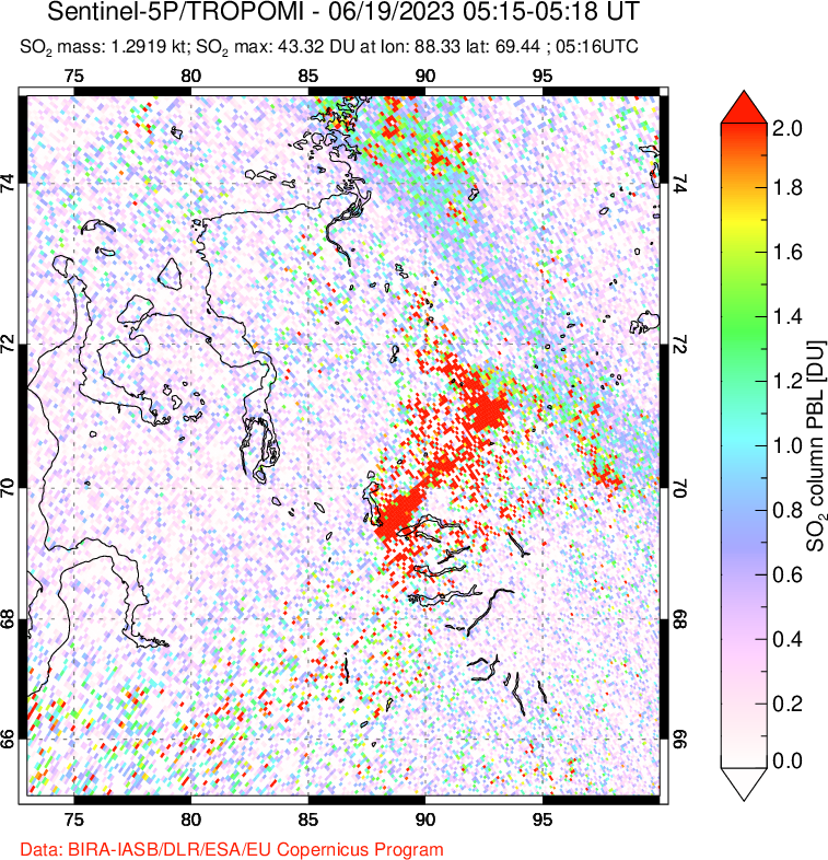 A sulfur dioxide image over Norilsk, Russian Federation on Jun 19, 2023.