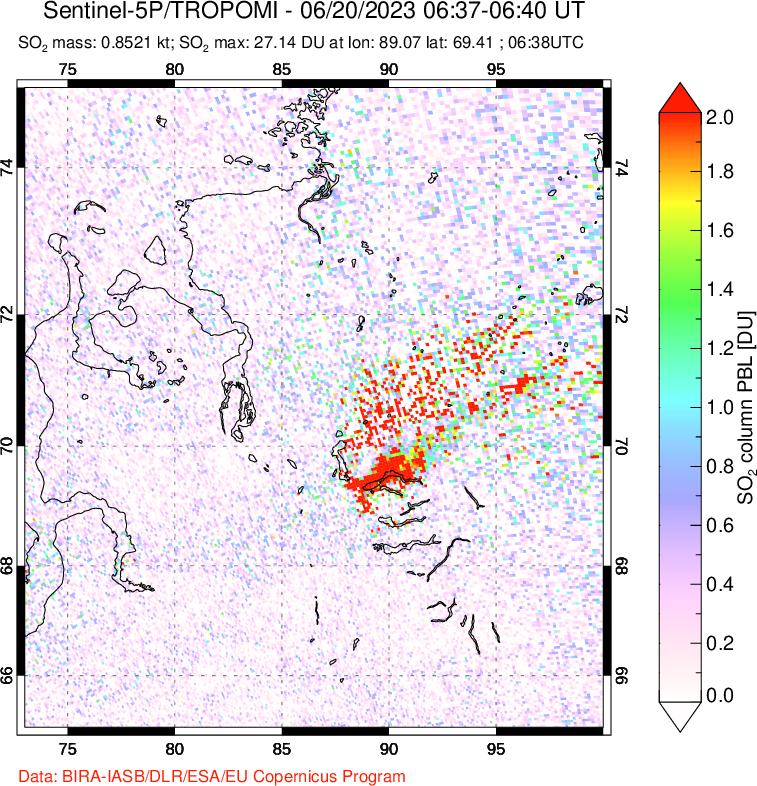 A sulfur dioxide image over Norilsk, Russian Federation on Jun 20, 2023.