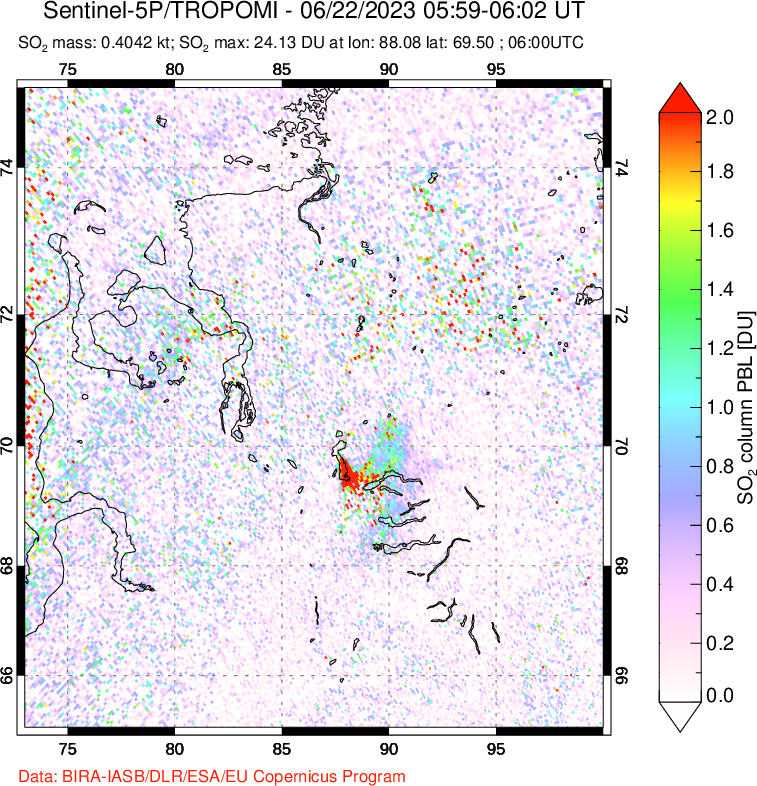 A sulfur dioxide image over Norilsk, Russian Federation on Jun 22, 2023.