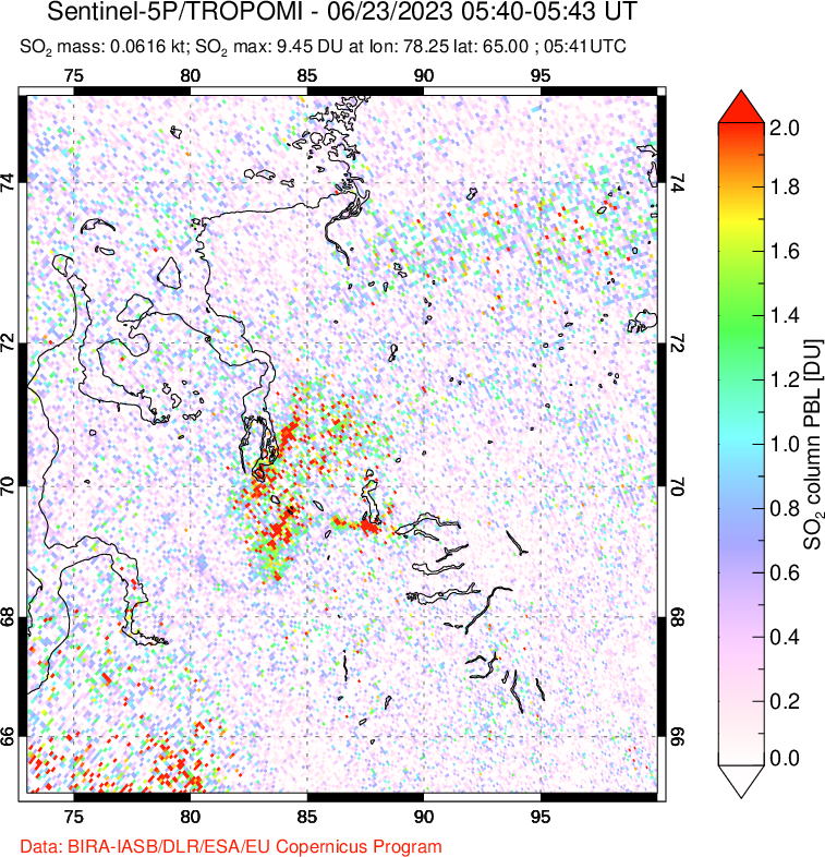 A sulfur dioxide image over Norilsk, Russian Federation on Jun 23, 2023.