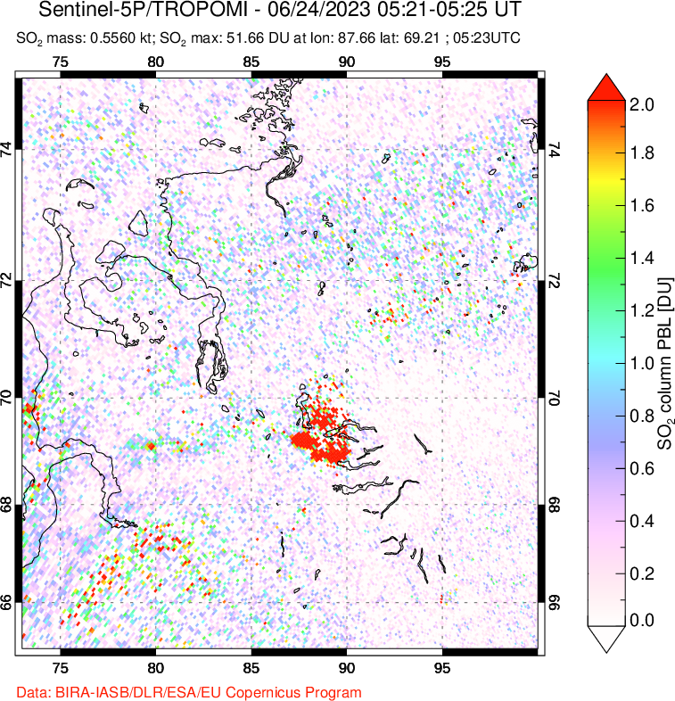 A sulfur dioxide image over Norilsk, Russian Federation on Jun 24, 2023.