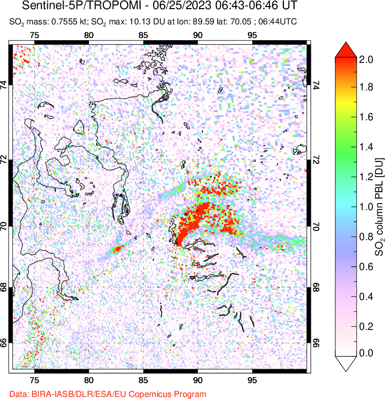 A sulfur dioxide image over Norilsk, Russian Federation on Jun 25, 2023.