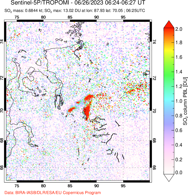 A sulfur dioxide image over Norilsk, Russian Federation on Jun 26, 2023.