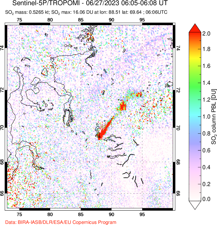 A sulfur dioxide image over Norilsk, Russian Federation on Jun 27, 2023.