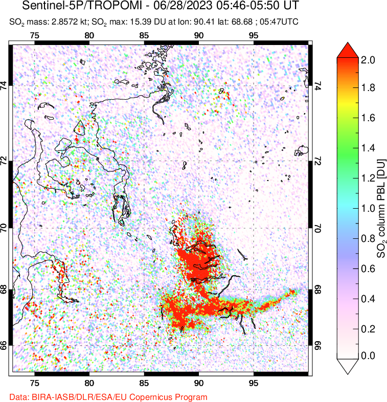 A sulfur dioxide image over Norilsk, Russian Federation on Jun 28, 2023.
