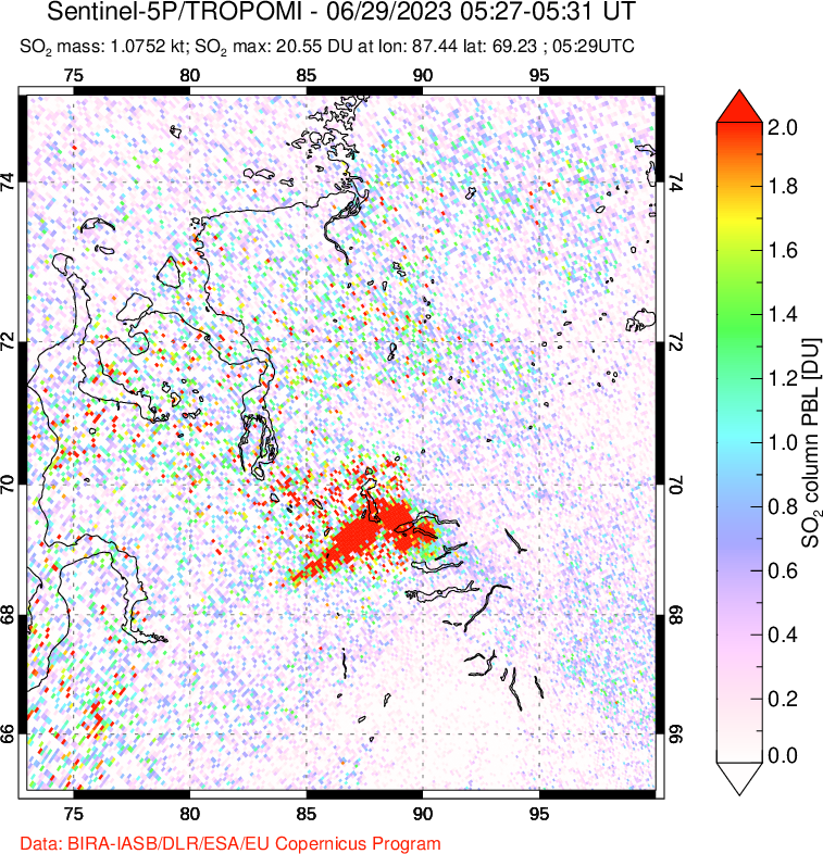 A sulfur dioxide image over Norilsk, Russian Federation on Jun 29, 2023.