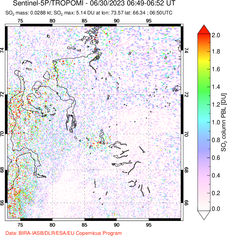 A sulfur dioxide image over Norilsk, Russian Federation on Jun 30, 2023.