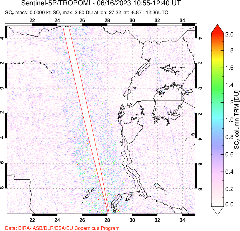 A sulfur dioxide image over Nyiragongo, DR Congo on Jun 16, 2023.