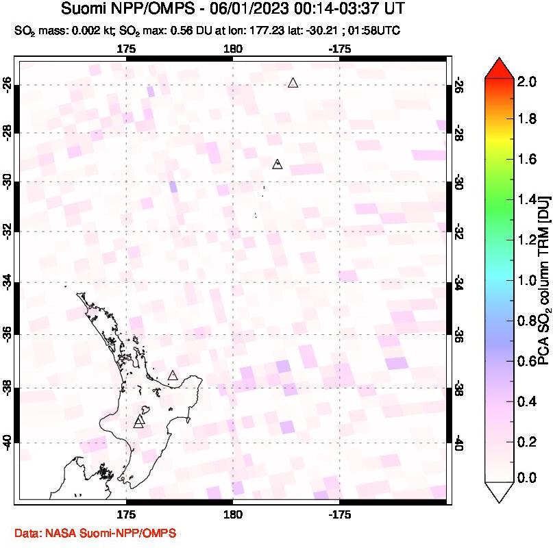 A sulfur dioxide image over New Zealand on Jun 01, 2023.