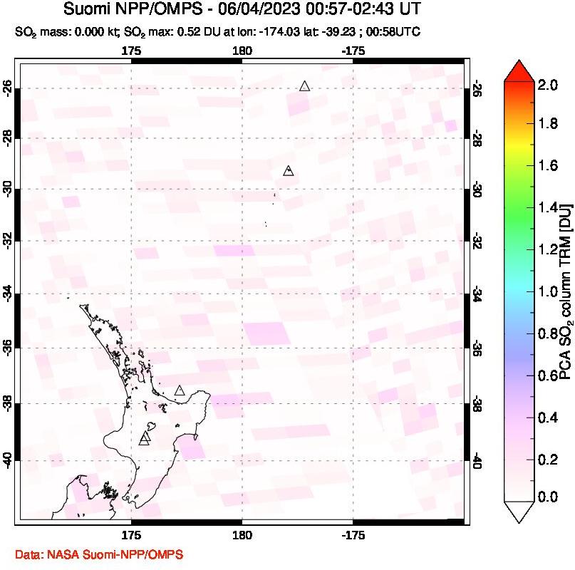 A sulfur dioxide image over New Zealand on Jun 04, 2023.