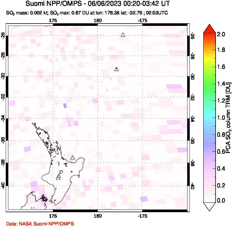 A sulfur dioxide image over New Zealand on Jun 06, 2023.