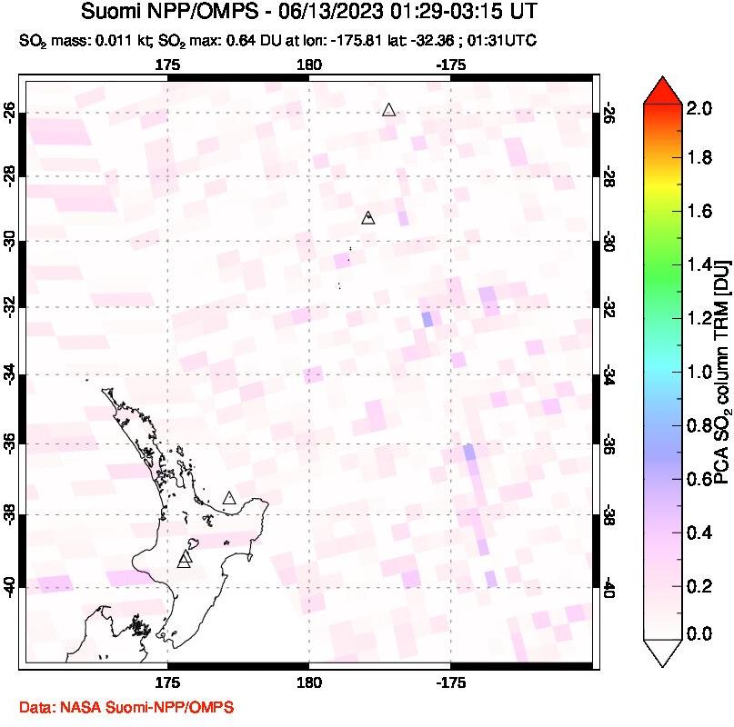 A sulfur dioxide image over New Zealand on Jun 13, 2023.