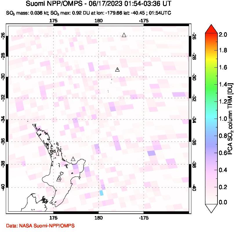A sulfur dioxide image over New Zealand on Jun 17, 2023.