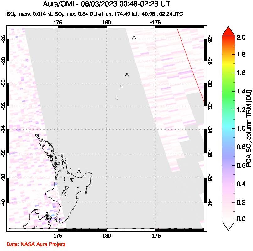 A sulfur dioxide image over New Zealand on Jun 03, 2023.