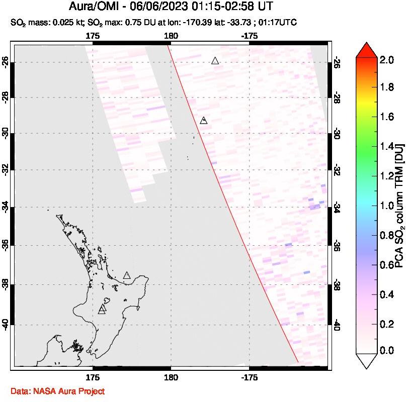 A sulfur dioxide image over New Zealand on Jun 06, 2023.