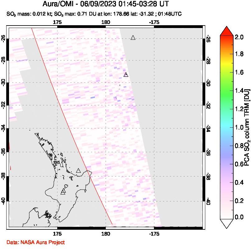 A sulfur dioxide image over New Zealand on Jun 09, 2023.