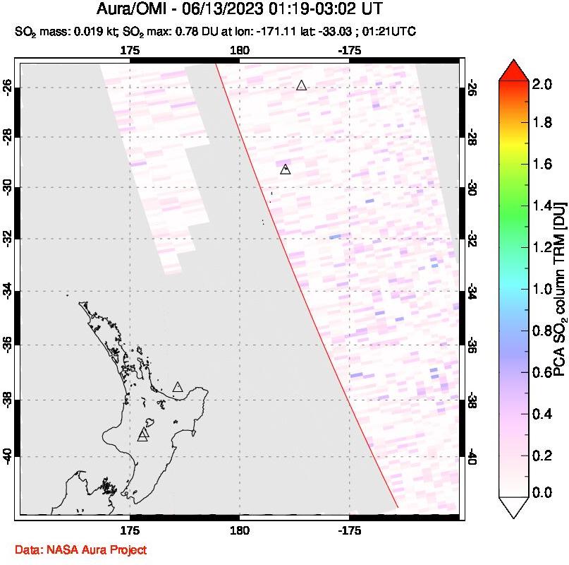 A sulfur dioxide image over New Zealand on Jun 13, 2023.