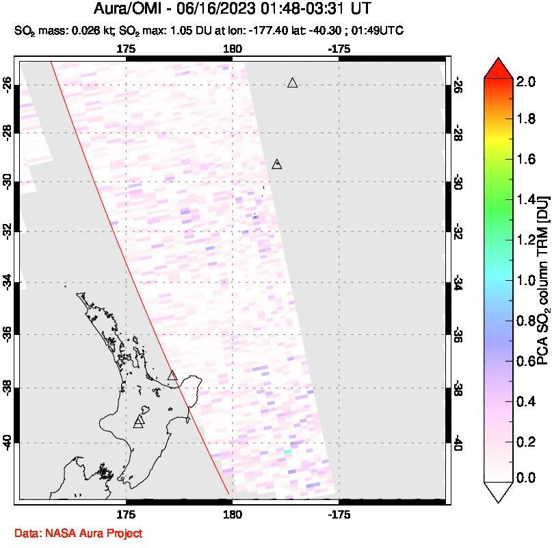 A sulfur dioxide image over New Zealand on Jun 16, 2023.