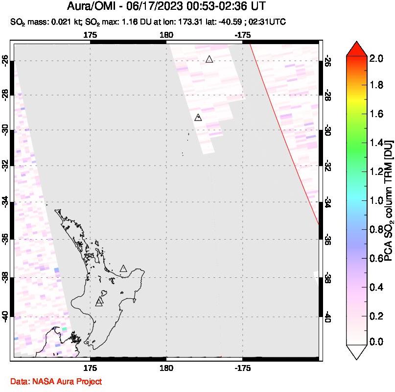 A sulfur dioxide image over New Zealand on Jun 17, 2023.