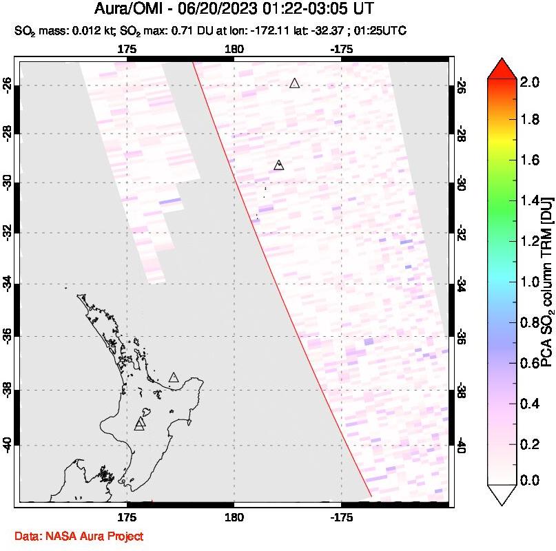 A sulfur dioxide image over New Zealand on Jun 20, 2023.