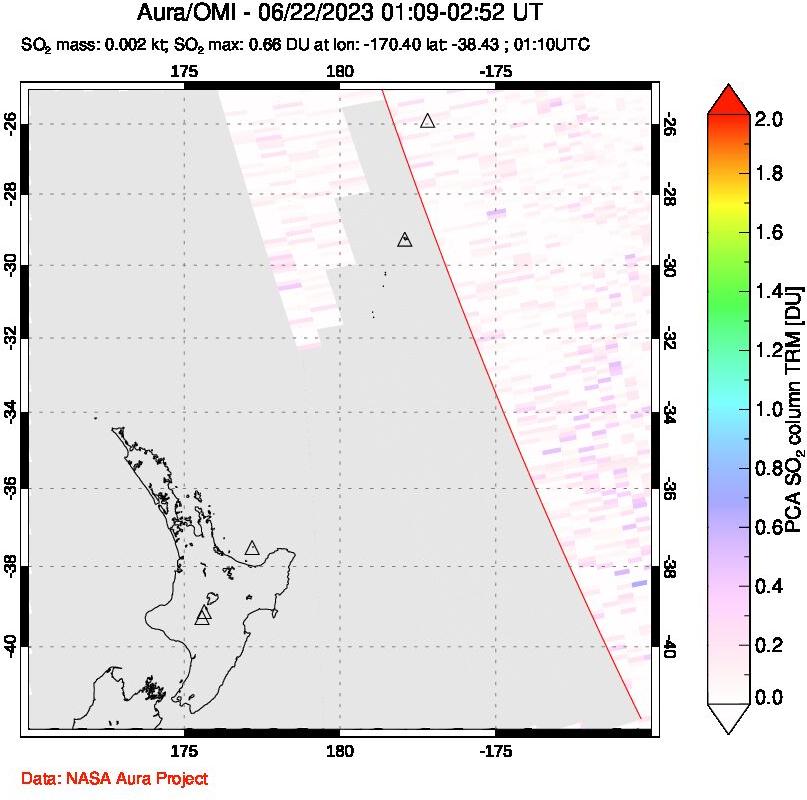 A sulfur dioxide image over New Zealand on Jun 22, 2023.
