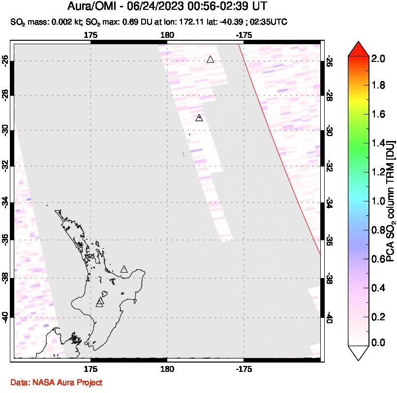 A sulfur dioxide image over New Zealand on Jun 24, 2023.