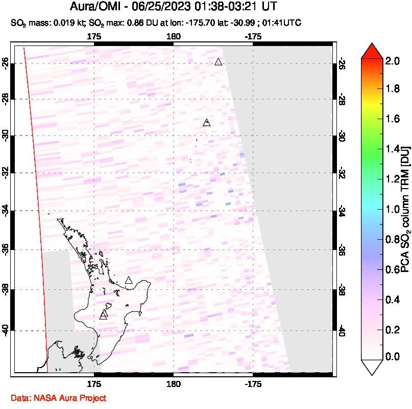 A sulfur dioxide image over New Zealand on Jun 25, 2023.