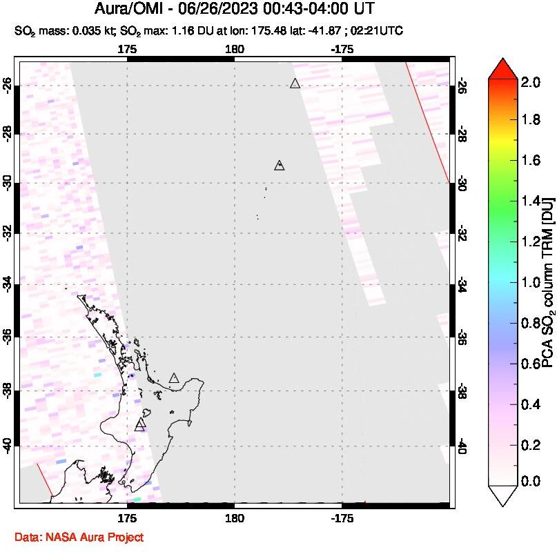 A sulfur dioxide image over New Zealand on Jun 26, 2023.