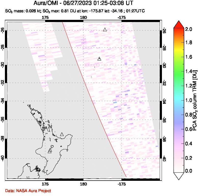A sulfur dioxide image over New Zealand on Jun 27, 2023.
