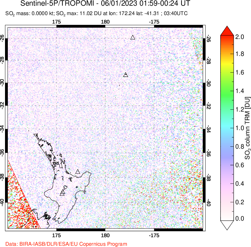 A sulfur dioxide image over New Zealand on Jun 01, 2023.