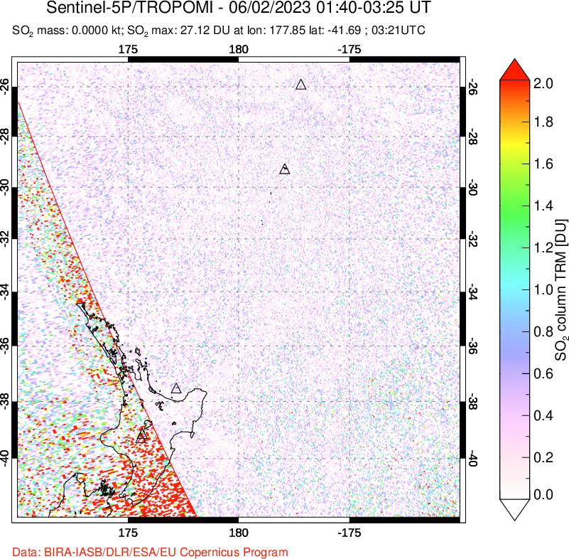 A sulfur dioxide image over New Zealand on Jun 02, 2023.