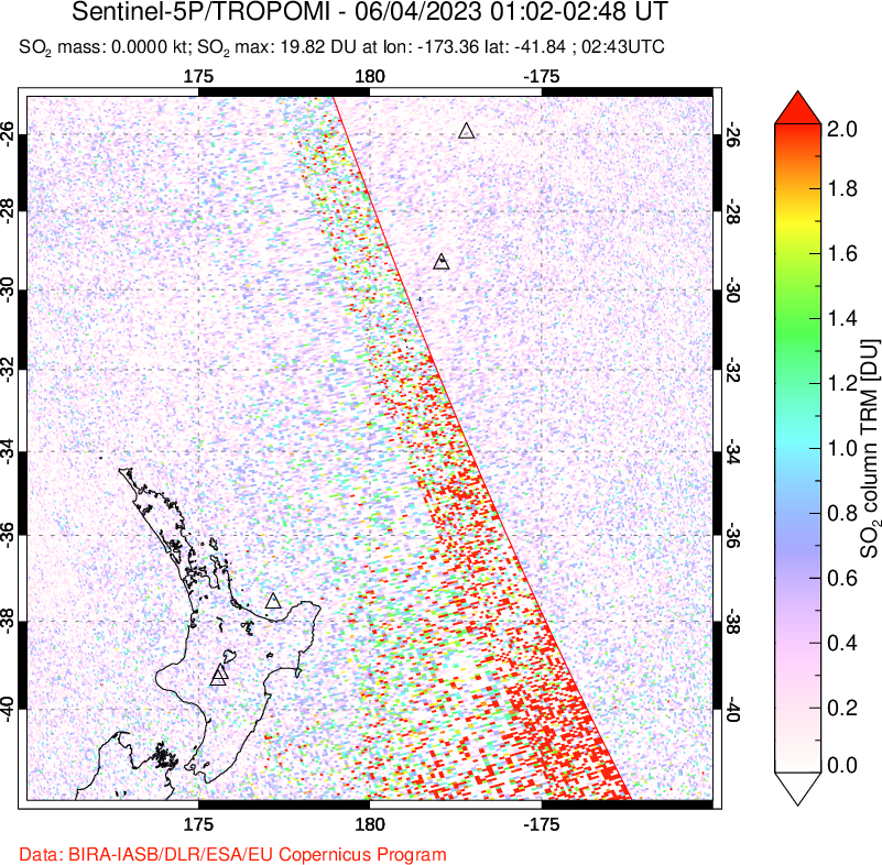 A sulfur dioxide image over New Zealand on Jun 04, 2023.