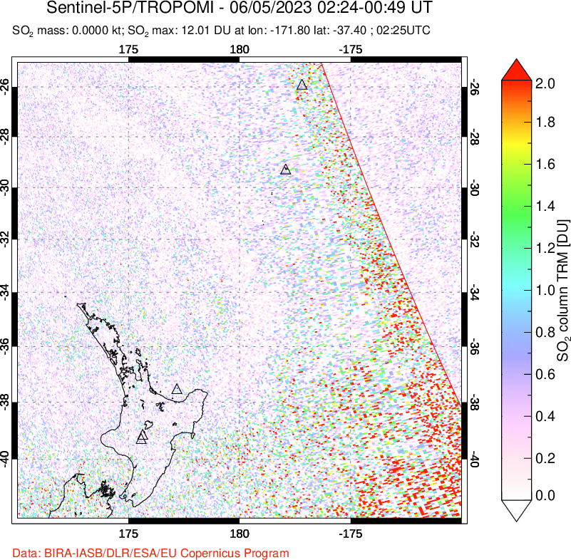 A sulfur dioxide image over New Zealand on Jun 05, 2023.