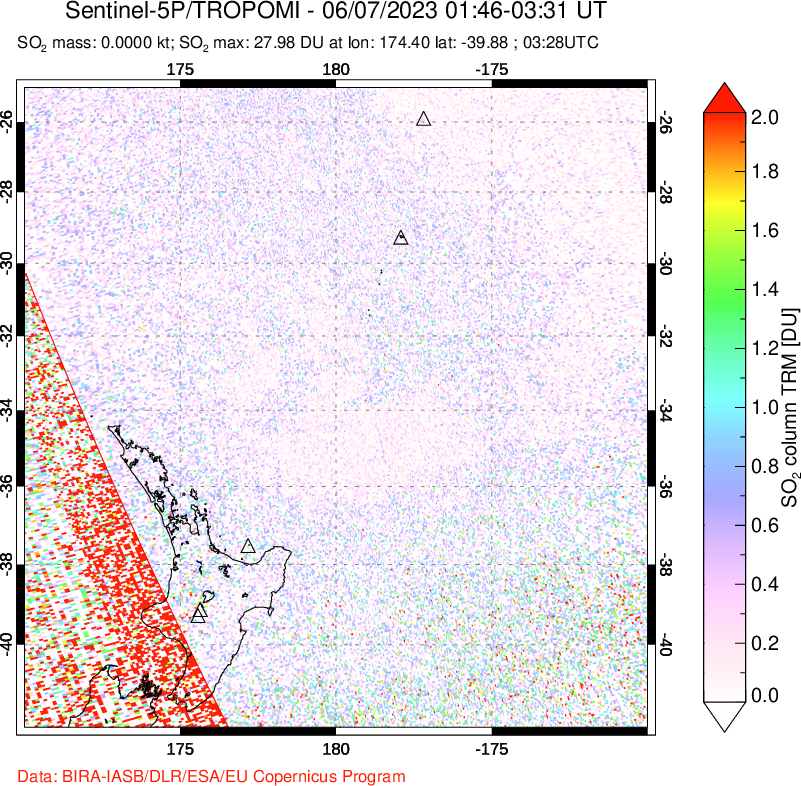A sulfur dioxide image over New Zealand on Jun 07, 2023.