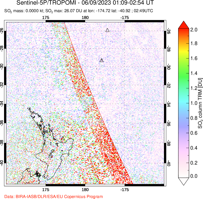 A sulfur dioxide image over New Zealand on Jun 09, 2023.
