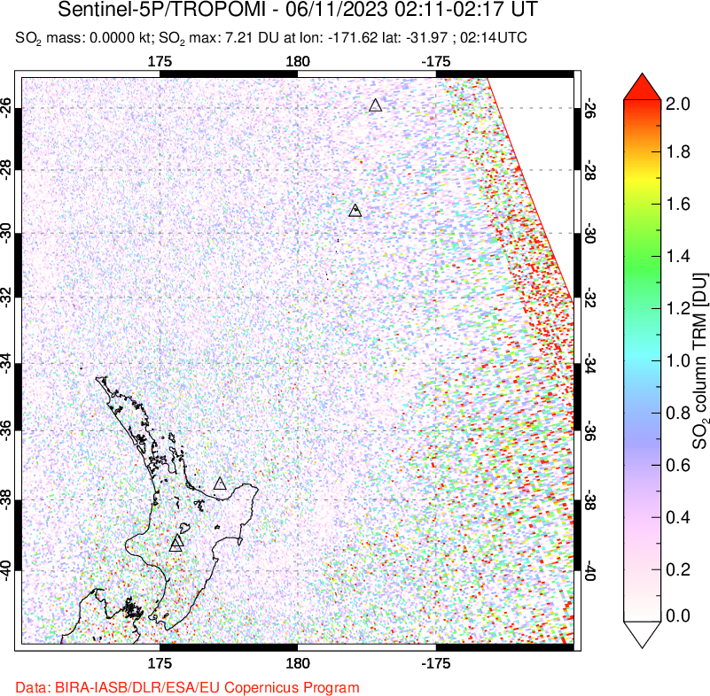 A sulfur dioxide image over New Zealand on Jun 11, 2023.