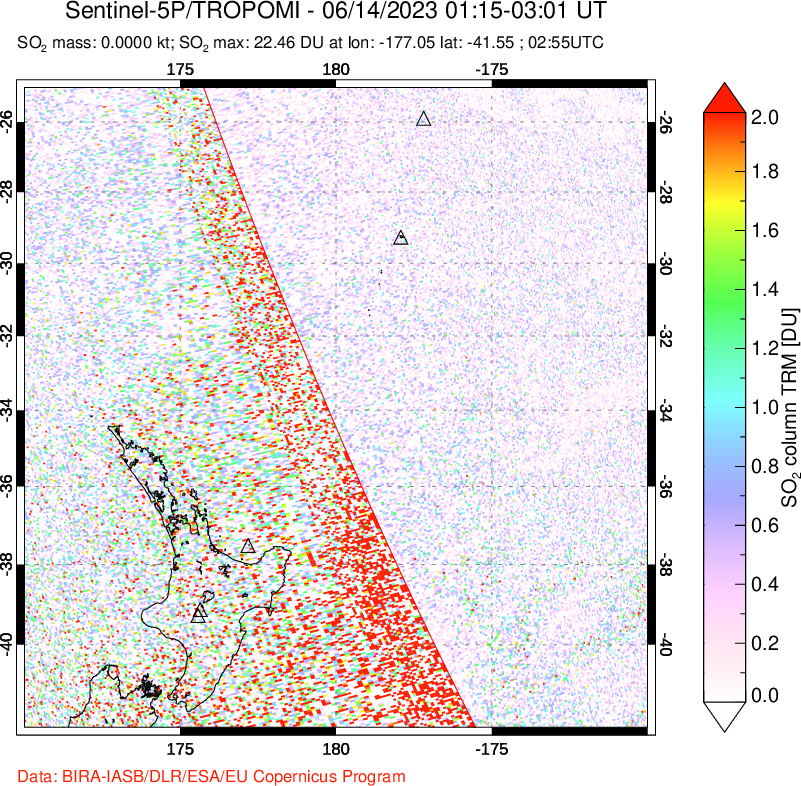 A sulfur dioxide image over New Zealand on Jun 14, 2023.